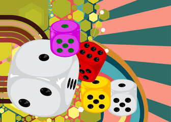 Retro 70s Background with dice. Groovy board game 1970s art template. Minimalistic Vintage design poster. Old-fashioned color artwork.