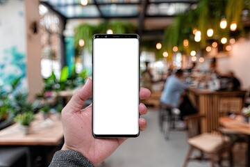 Smartphone held in hand, blank screen, cafe background (1)