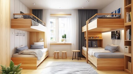 A compact room with bunk beds and built-in storage.