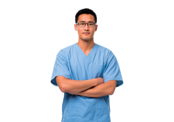 Asian man adult doctor in blue scrubs with confident pose on transparent background, PNG