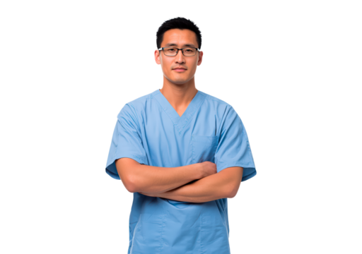 Asian man adult doctor in blue scrubs with confident pose on transparent background, PNG