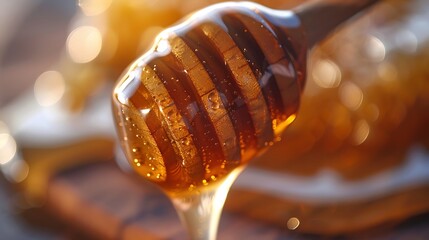 Dripping Honey: Close-up shot of golden honey dripping from a wooden honey dipper.