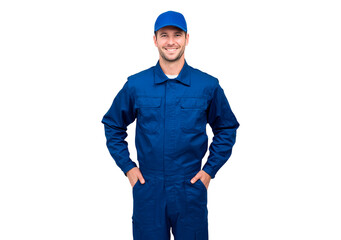 Man smiling in blue uniform with cap on black background on transparent background, PNG