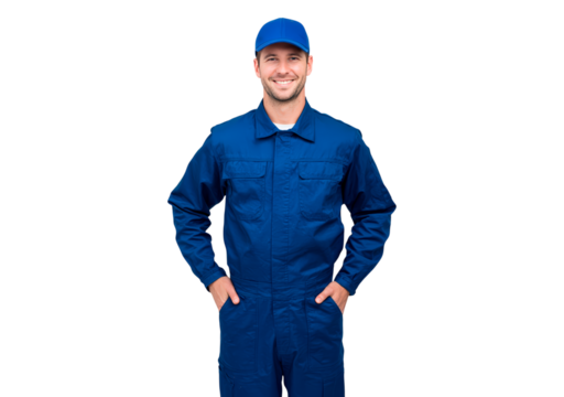 Man smiling in blue uniform with cap on black background on transparent background, PNG - Powered by Adobe