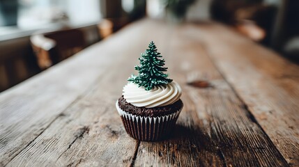Delicious cupcake with a festive Christmas tree topping on a rustic wooden table.