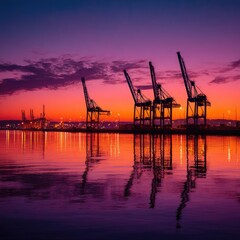 Fototapeta premium Vibrant sunset over a calm harbor, silhouetted industrial cranes reflected in the water, creating a dramatic, colorful scene
