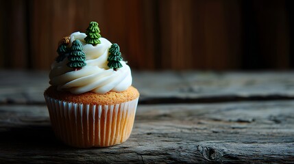 Festive cupcake decorated with miniature evergreen trees.