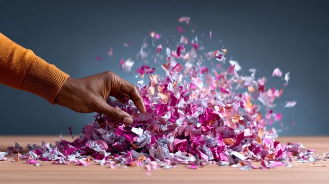 Hand is reaching into a pile of pink and white paper. The pile is scattered across a table, and the paper is crumpled and torn. Concept of chaos and disarray