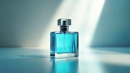 Aquatic Perfume. Blue glass perfume bottle with sunlight reflection on