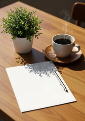 A peaceful workspace scene with a pen and blank paper on a wooden desk, bathed in warm sunlight.

