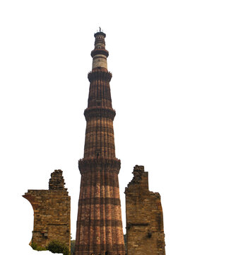 Qutub minar with ruins isolated on transparent background, delhi, india
