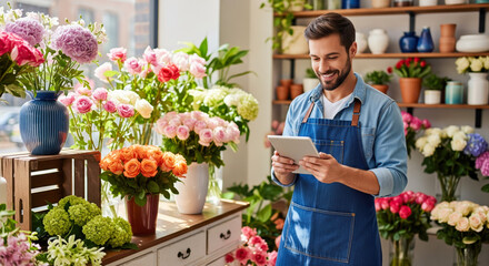 Male florist using digital tablet in his flower shop, small business owner managing online orders and inventory among beautiful floral arrangements
