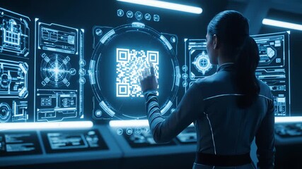 Woman in futuristic lab interacting with holographic QR code on touchscreen with blue neon lights - Powered by Adobe