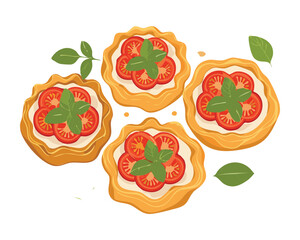 Appetizer of Toasted Bread with Sliced Tomato and Basil - Vector Illustration