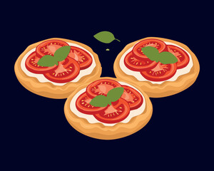 Delicious Appetizer of Toasted Bread with Tomato and Basil - Vector Illustration