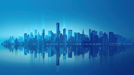 Fototapeta premium Futuristic blue city skyline reflected in calm water at dusk