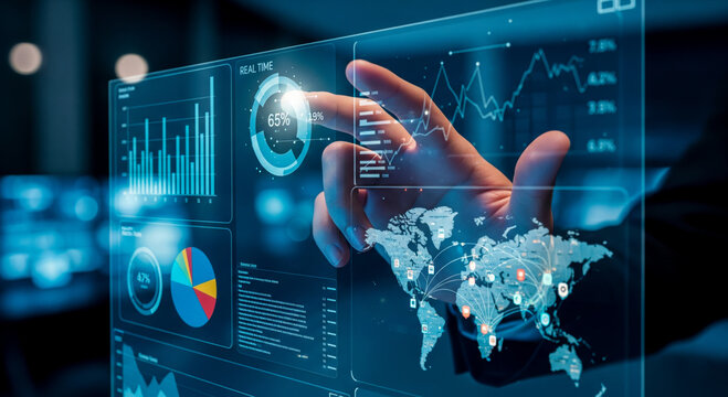 Businessman hand analysing data on futuristic virtual screen with charts and graphs. Global business intelligence dashboard for financial statistics and stock market analysis