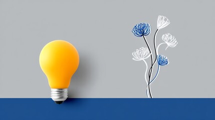 Yellow light bulb is placed on a grey background with a flower drawing in the background. The light bulb represents an idea or a thought, while the flower represents growth and beauty