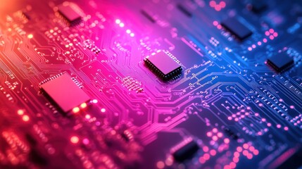 Obraz premium Close-up view of a circuit board with vibrant lighting.