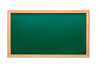 Empty green chalkboard with wooden frame for classroom or office use on transparent background, PNG