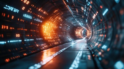 Fototapeta premium Futuristic tunnel illuminated by vibrant digital displays.