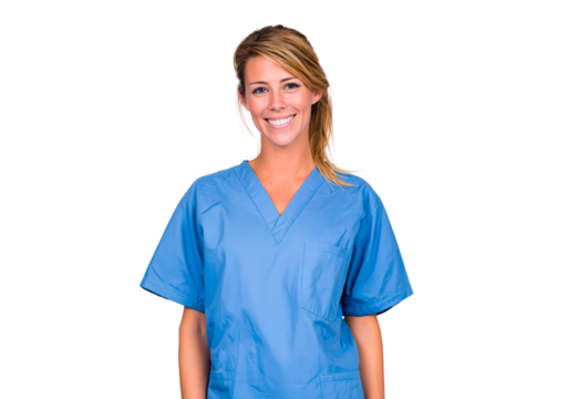 Smiling woman medical professional in blue scrubs on transparent background, PNG