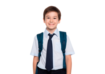 Smiling young boy in school uniform with backpack on transparent background, PNG
