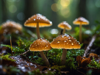 Fototapeta premium Close-up of small mushrooms growing on damp forest floor, with droplets of water on surrounding leaves, golden bokeh light filtering through blurred woodland canopy behind.