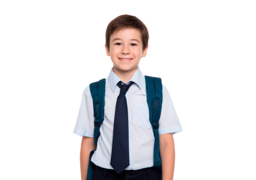 Smiling young boy in school uniform with backpack on transparent background, PNG
