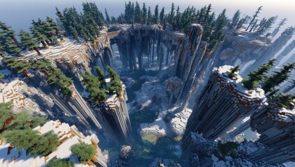 Fototapeta premium High-angle view of a snow-covered, sculpted landscape with towering cliffs and a deep valley. Dense conifer forest clings to the peaks