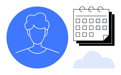 User avatar inside blue circle, calendar with highlighted days, and cloud. Ideal for scheduling, planning, user management, cloud services, productivity organization teamwork. Simple flat metaphor
