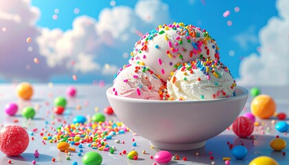 A bowl filled with three delicious scoops of vanilla and strawberry ice cream, topped with cheerful, colorful sprinkles. The background is a bright blue sky with white clouds and easter eggs in a bowl