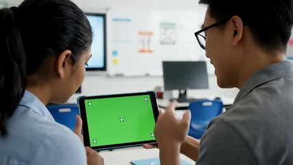 Two students collaborating on a green screen tablet in a classroom setting - Powered by Adobe