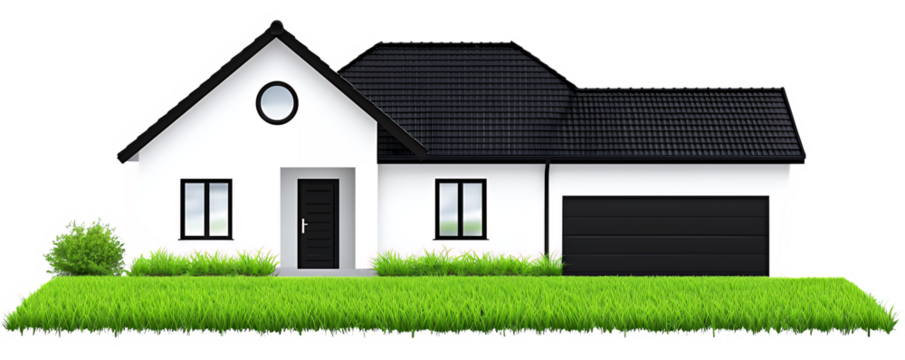 Modern White House with Black Roof and Garage on Green Grass