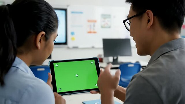 Two students collaborating on a green screen tablet in a classroom setting