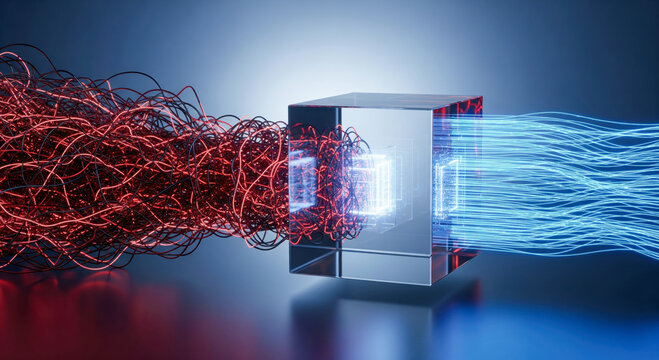 Chaos and order concept with messy red lines entering glass cube and becoming organized blue lines, data processing and filtering illustration