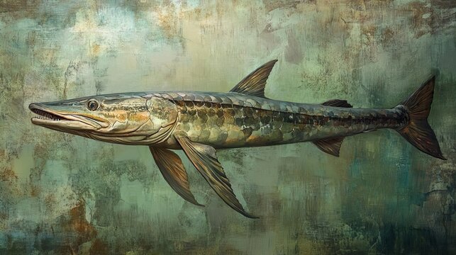 Gar on a minimalistic background elongated ancient form rugged scale texture soft natural light muted greens and browns evokes aquatic mystery