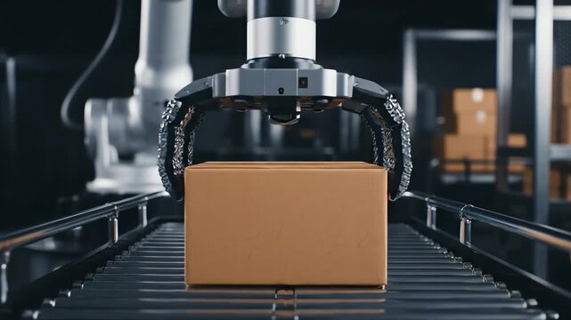 Close-up of robotic arms handling a cardboard box on a conveyor belt in a warehouse with industrial ambiance.