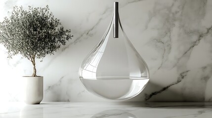Sink shaped like a suspended drop of water glossy transparent finish on marble background