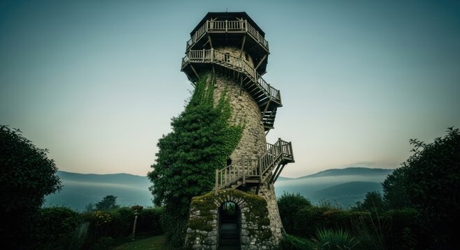 Stone tower with a wood top observation deck, ivy covered, scenic background - Powered by Adobe