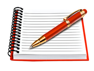 Naklejka premium Open Notebook with Red Spiral Binding and a Red and Gold Pen on Transparent Background
