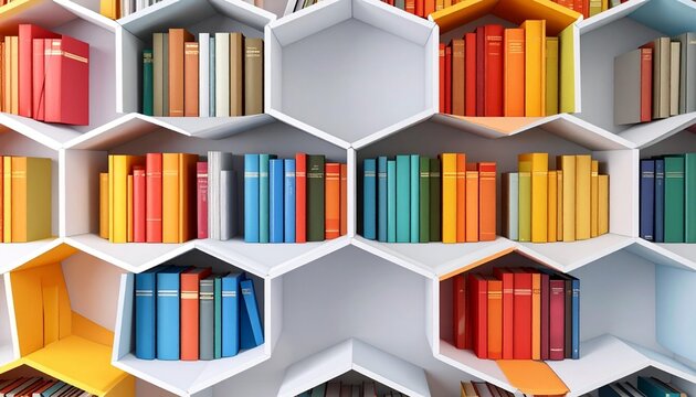 A modern bookshelf with a hexagonal design filled with colorful books neatly arranged, creating an attractive and organized visual display. White bookshelf with colorful accentscolorful books on shelf