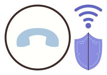 Phone receiver inside a circle paired with shield and wireless signal, representing communication protection. Ideal for cybersecurity, privacy, telecommunication, safety, data encryption, digital