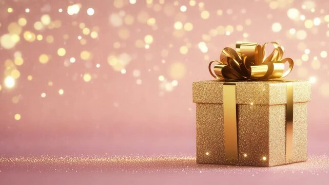 Golden gift for christmas time. Present with ribbon bow for xmas festive celebration. Shiny sparkle box on pink background for greeting card or holiday season banner.