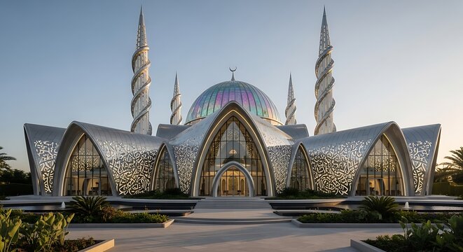 Modern Mosque with Iridescent Dome, Luminous Calligraphy, and Spiral Minarets
