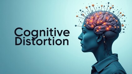 Cognitive Distortion. Profile silhouette human brain glowing neural ne