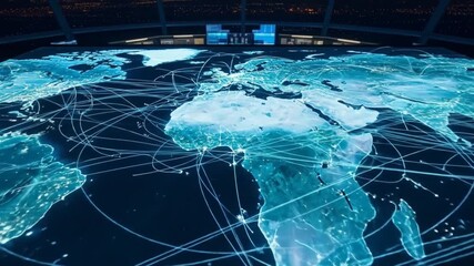 Global Network Visualization: Data Flow Across a World Map in a Control Room - Powered by Adobe