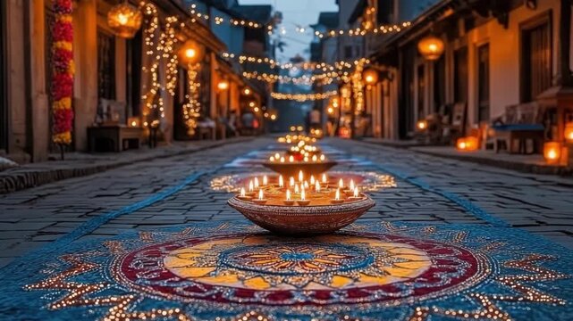 Diyas and rangoli adorning festive street at night, illuminated for Diwali celebrations. Traditional Indian festival. Deepavali, Festival Lights, Dipawali - Hindu Celebration, Indian Cultural Festival