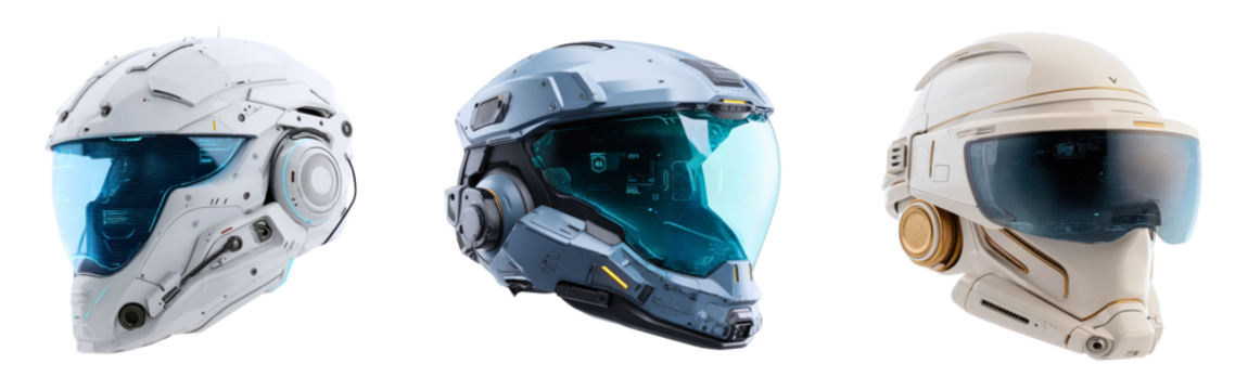 Set of high tech VR helmets with digital interface and futuristic design elements isolated on a white or transparent background
