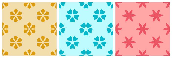Set of seamless patterns with minimalist flowers. Colorful seamless prints with simple floral shapes